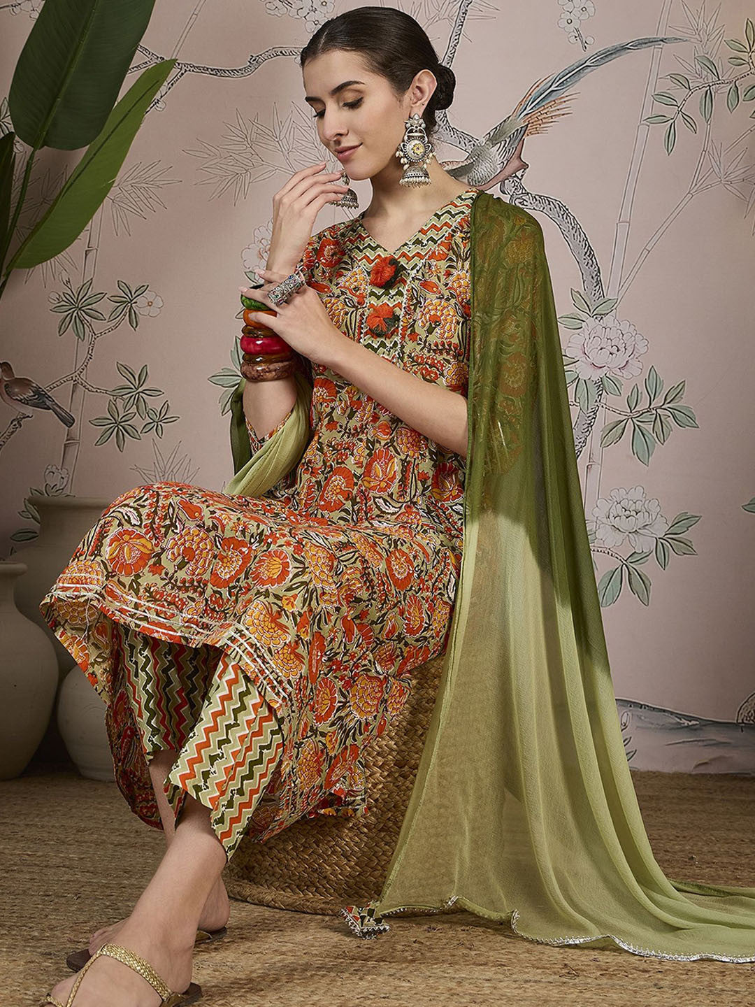 Floral Printed Gotta Patti Pure Cotton A-Line Kurta With Trousers And Dupatta