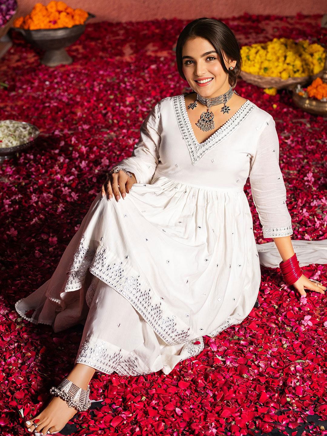 Dhiyona IS Women's Ethnic Motifs Embroidered A-Line Mirror Work Pure Cotton Kurta Set With Dupatta