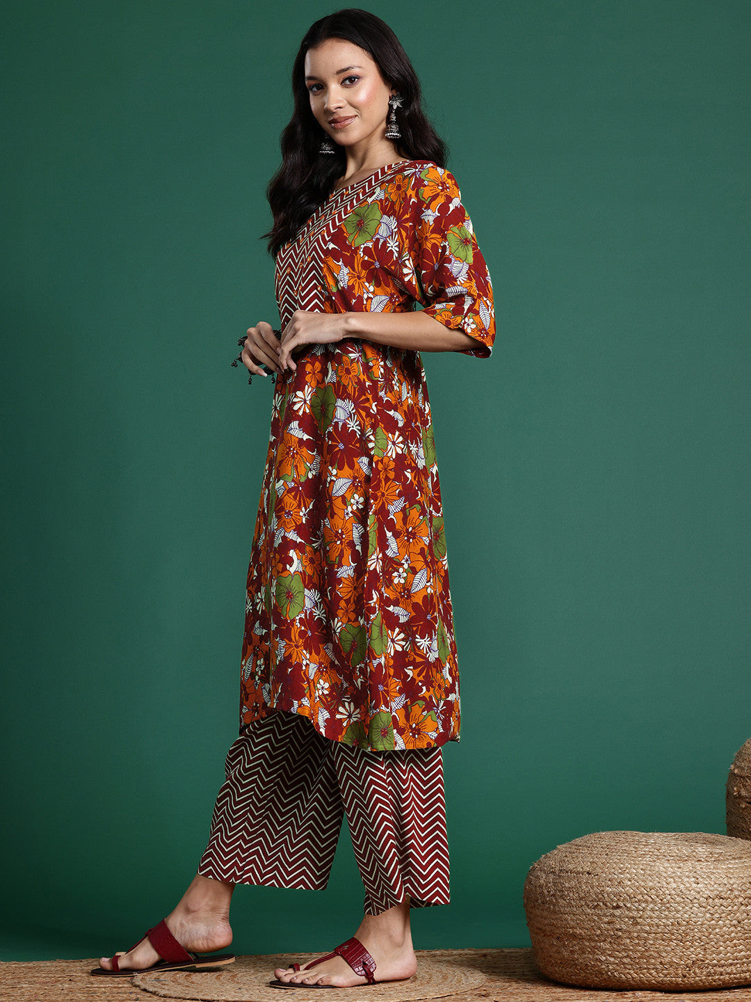 Floral Printed Regular Mirror Work Kurta with Palazzos