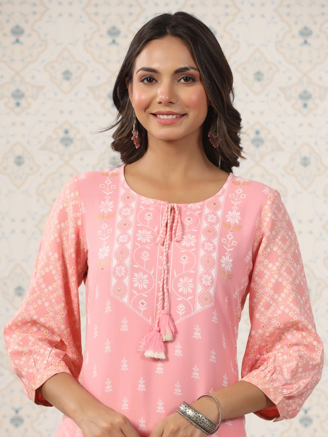 Dhiyona OD  Ethnic Motif Printed Tie Up Neck A-Line Kurta With Trousers