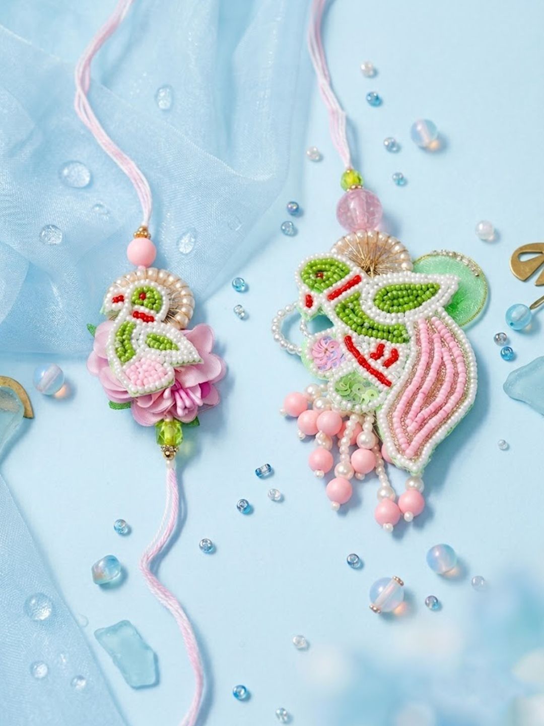 Dhiyona Set Of 2 Leaf Design Pearls & Artificial Stones Bhaiya Bhabhi Rakhi With Roli Chawal