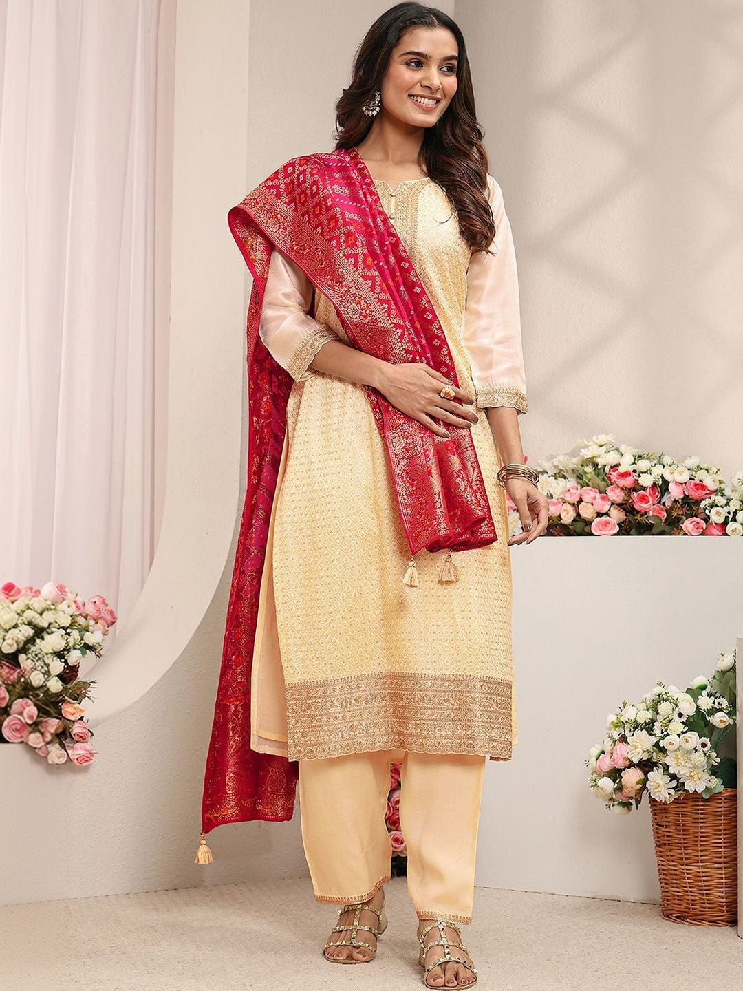 Ivory Embellished Straight Suit Set with Dupatta