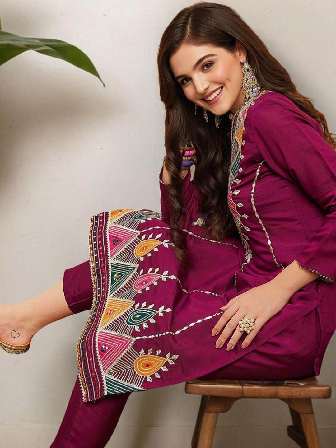 Dhiyona IS Women's Ethnic Motifs Embroidered Pure Cotton Straight Kurta with Trousers & Dupatta