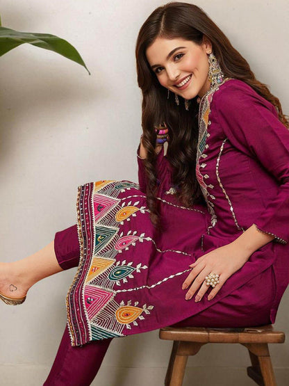 Dhiyona IS Women's Ethnic Motifs Embroidered Pure Cotton Straight Kurta with Trousers & Dupatta