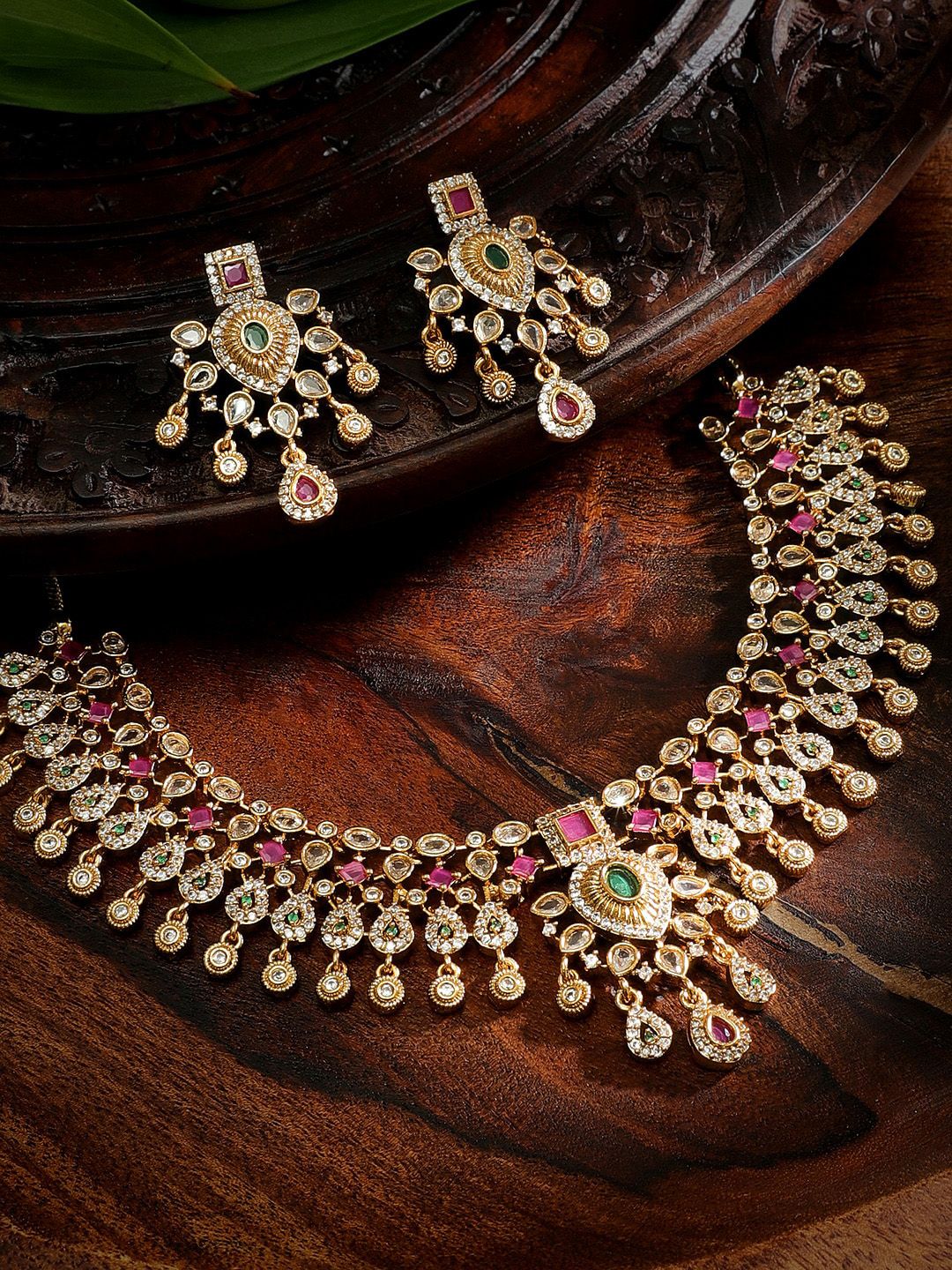 Dhiyona RJ Women's 22K Gold-Plated Brass Emerald Ruby Pink Kundan & CZ Stone Traditional Necklace Set