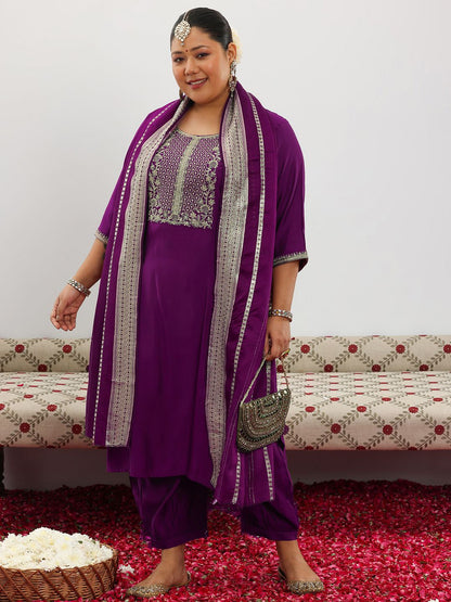 Dhiyona Women's Plus Size Floral Yoke Design Round Neck Kurta & Salwar With Dupatta