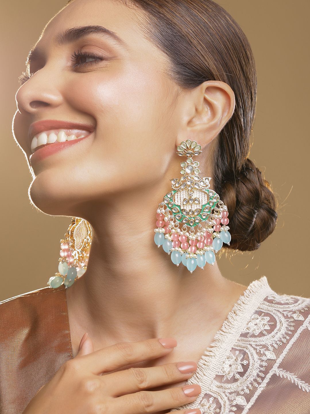 Dhiyona RJ Women's 22K Gold-Plated Kundan & Green Enamel Chandbali Earrings with Pink & Aqua Blue Bead