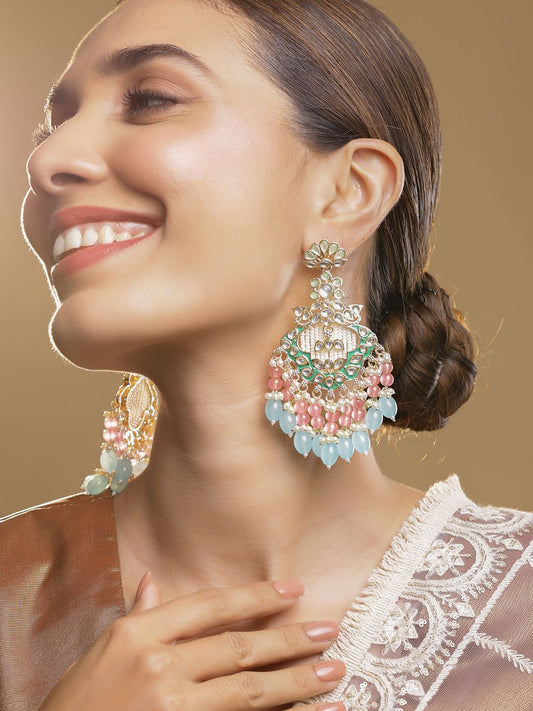 Dhiyona RJ Women's 22K Gold-Plated Kundan & Green Enamel Chandbali Earrings with Pink & Aqua Blue Bead