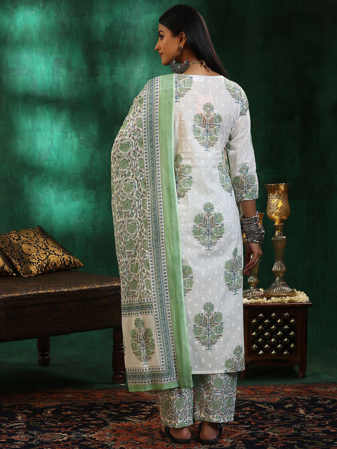 Floral Printed Gotta Patti Pure Cotton Straight Kurta with Trousers & Dupatta