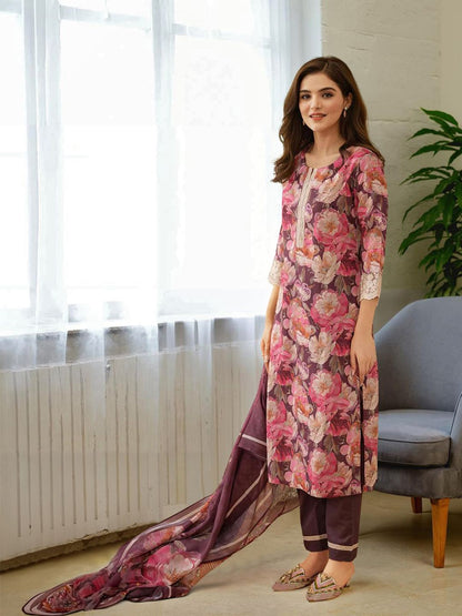 Dhiyona IS Women's Floral Printed Regular Thread Work Kurta With Trousers & Dupatta
