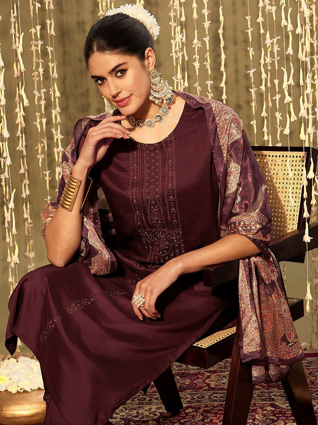 Floral Embroidered Thread Work Kurta With Trousers & Dupatta