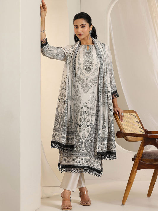 Floral Printed Keyhole Neck Straight Kurta With Trousers And Dupatta