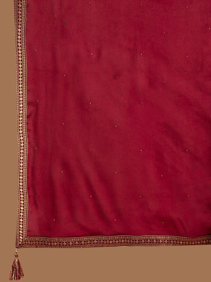 Burgundy Floral Woven Design Straight Kurta with Trousers & Dupatta