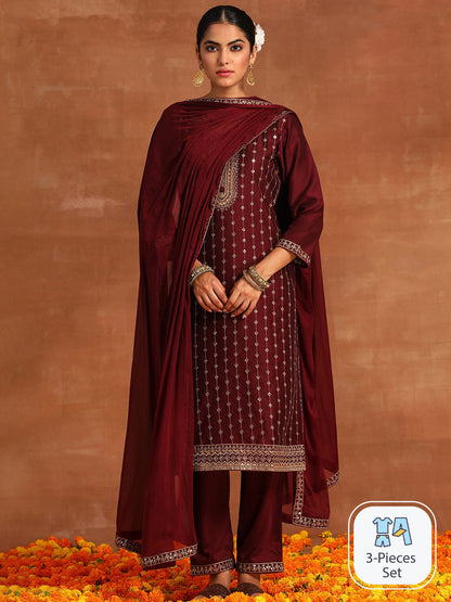 Embroidered Regular Thread Work Kurta With Trousers & Dupatta