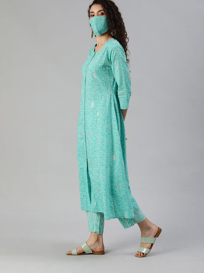 Dhiyona IS Women's Women Turquoise Blue White Printed Sequinned A-line Kurta Set