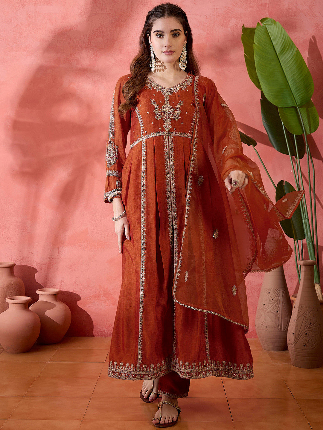 Dhiyona SN Orange Floral Embroidered Panelled Zari A-Line Kurta With Trousers And Dupatta
