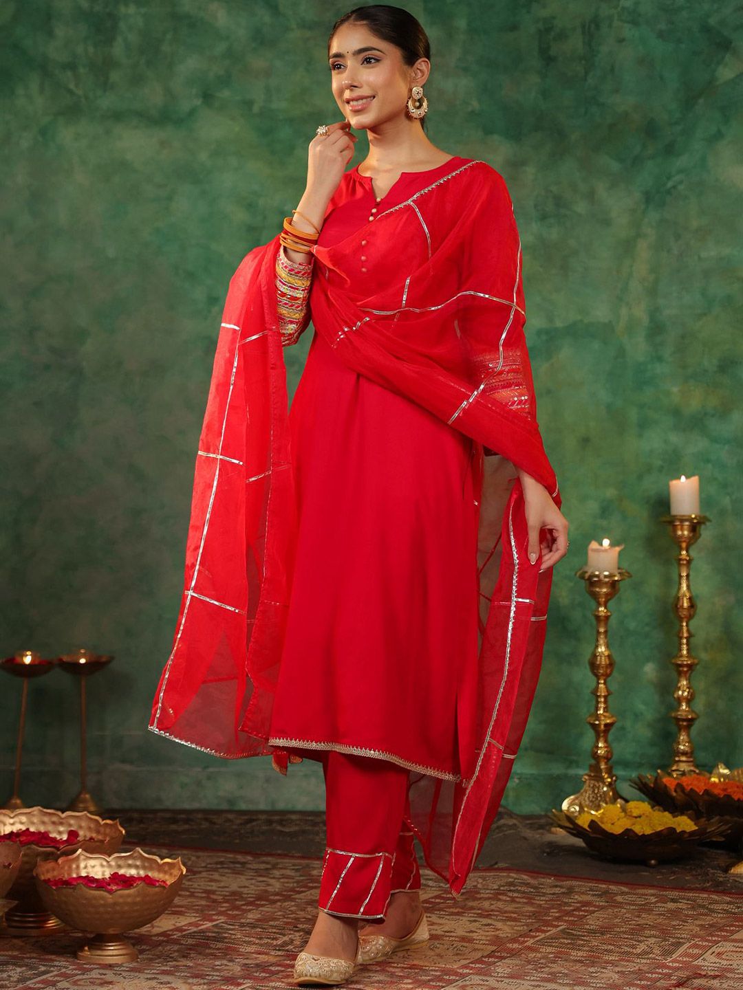 Dhiyona RR Women's Round Neck Gotta Patti Kurta With Trousers & Dupatta