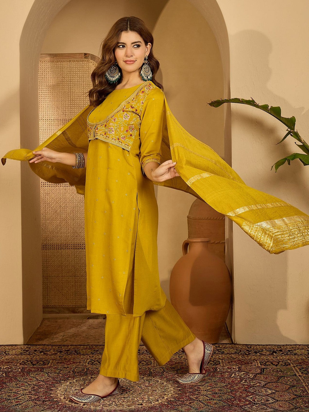 Women Mustard Embroidered Kurta Sets With Dupatta
