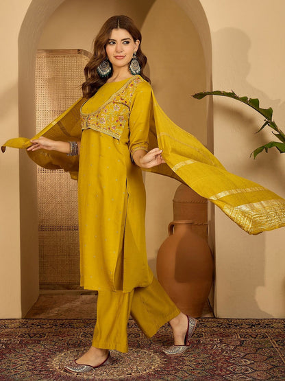 Women Mustard Embroidered Kurta Sets With Dupatta