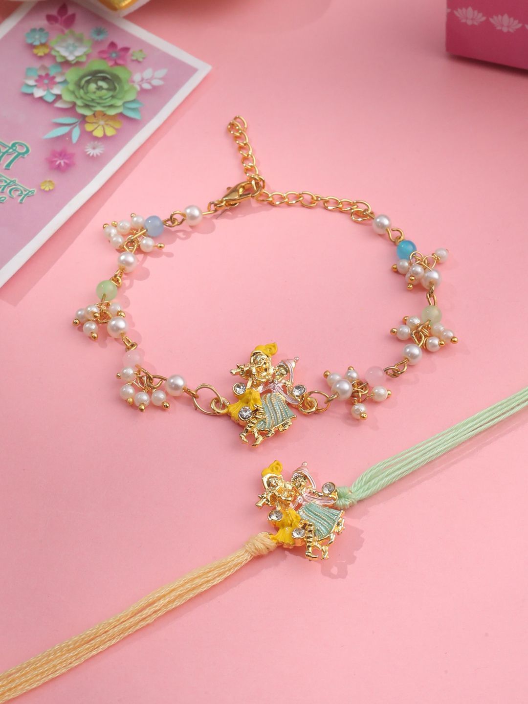 Dhiyona Unisex Set Of 2 Multicolor Gold-Toned Radha Krishna Beaded Bhaiya Bhabhi Rakhi