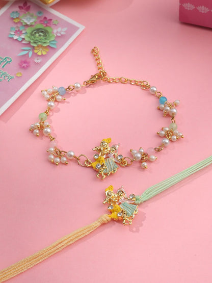 Dhiyona Unisex Set Of 2 Multicolor Gold-Toned Radha Krishna Beaded Bhaiya Bhabhi Rakhi