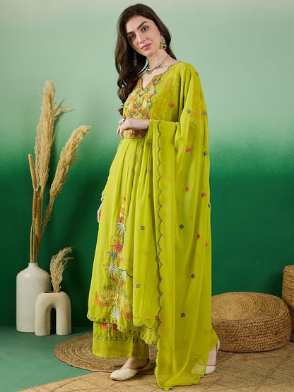 Dhiyona KL Floral Embroidered Regular Straight Kurta with Palazzos & Dupatta