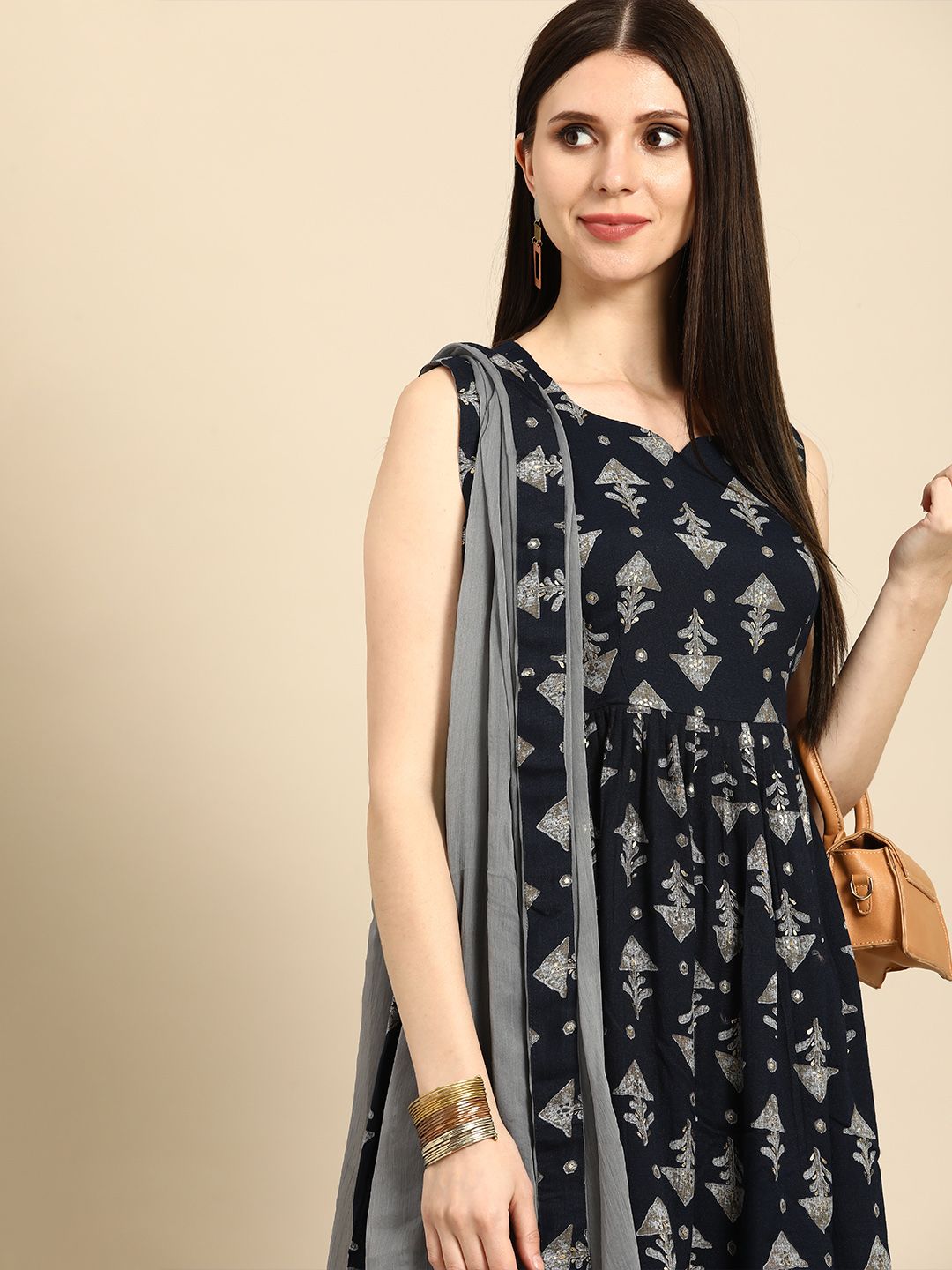 Dhiyona AN Women Navy Blue & Grey Ethnic Motifs Printed Kurta with Sharara & Dupatta