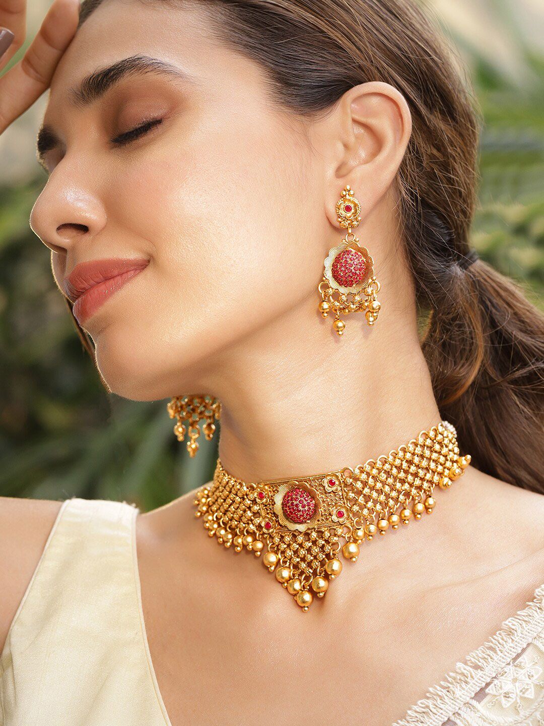 Dhiyona RJ Women's 22K Gold Plated Ruby Red Stone Studded Gold Beaded Handcrafted Choker Necklace Set