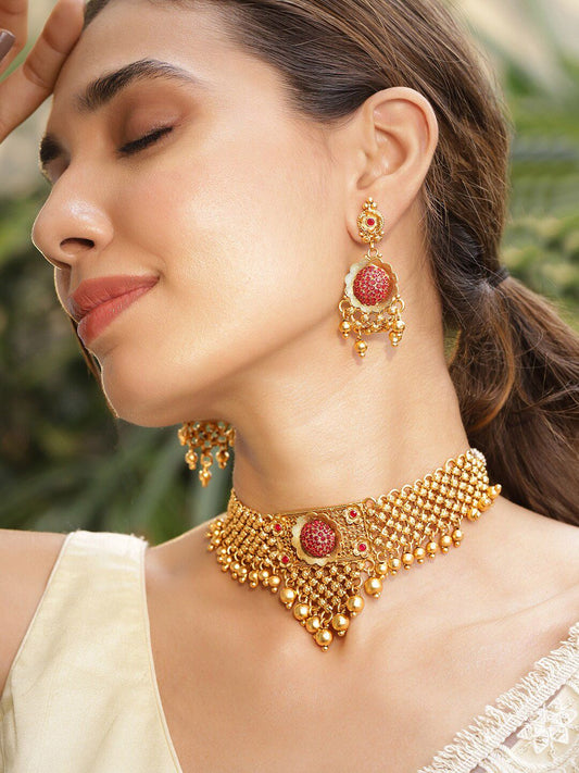 Dhiyona RJ Women's 22K Gold Plated Ruby Red Stone Studded Gold Beaded Handcrafted Choker Necklace Set
