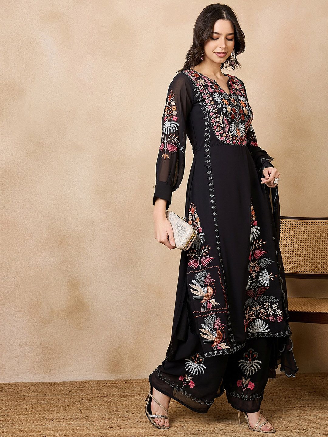 Dhiyona KL Floral Embroidered Georgette A-Line Kurta with Palazzos & Dupatta