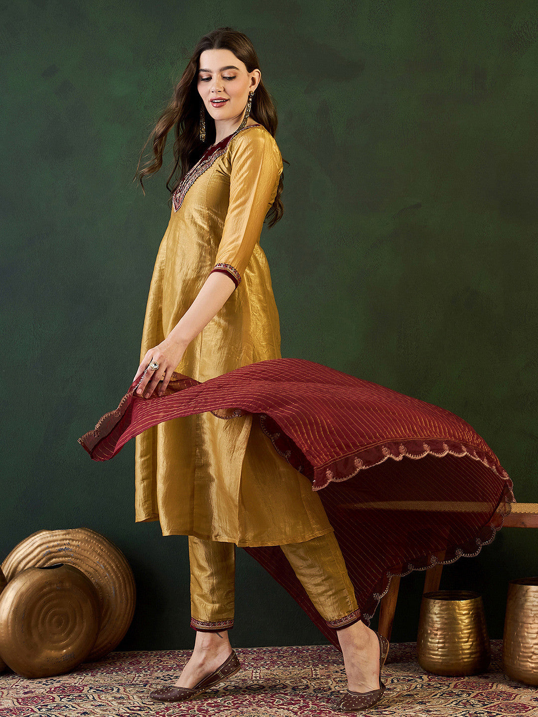 Gold Ethnic Motifs Embroidered Thread Work A-Line Kurta With Trousers And Dupatta