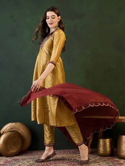 Gold Ethnic Motifs Embroidered Thread Work A-Line Kurta With Trousers And Dupatta