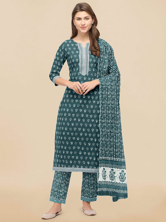 Dhiyona KL Women Sea Green Ethnic Motifs Printed Gotta Patti Pure Cotton Kurta with Trousers & With Dupatta