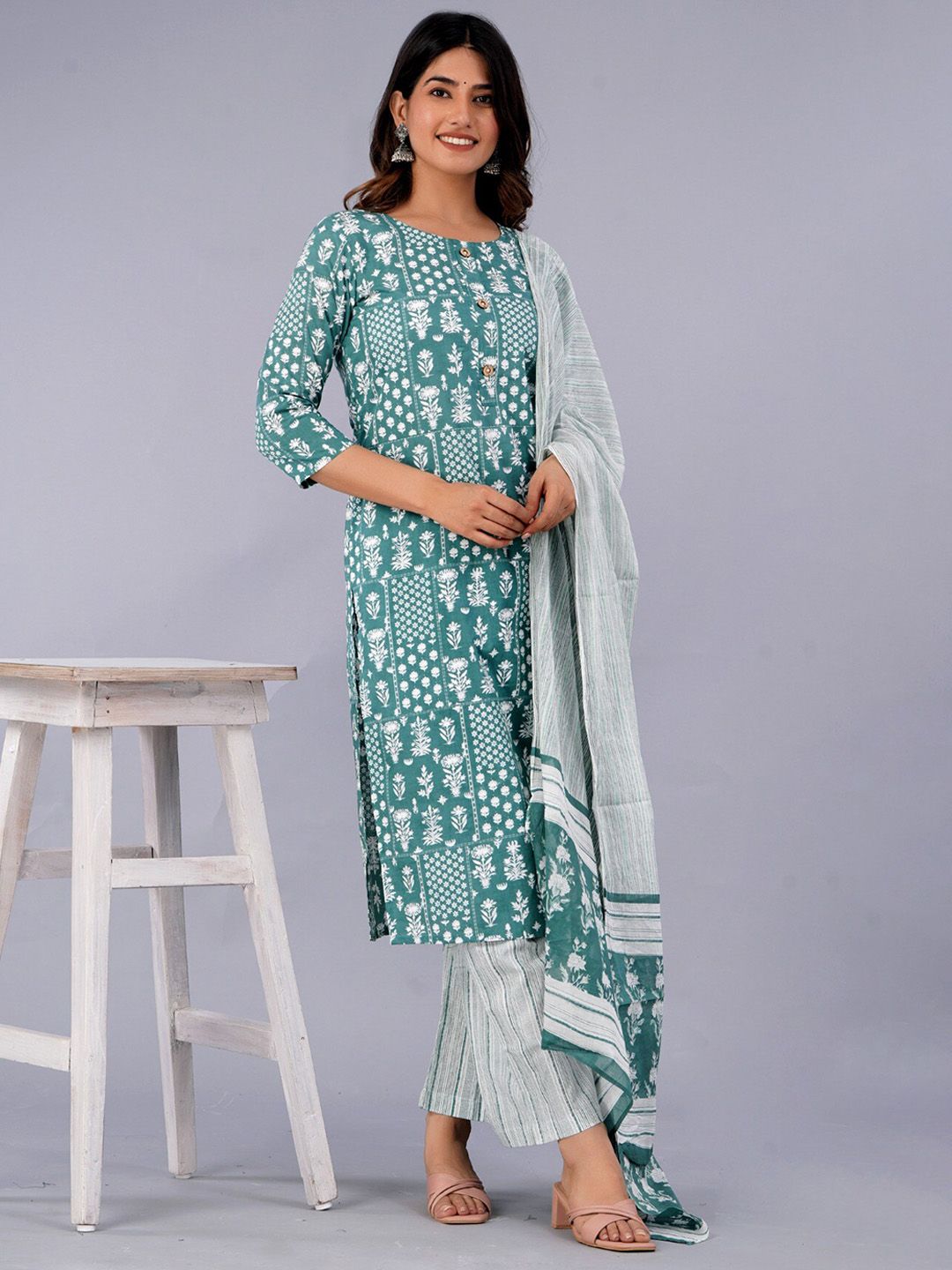 Dhiyona KL Ethnic Motifs Printed Pure Cotton Kurta With Palazzo & With Dupatta