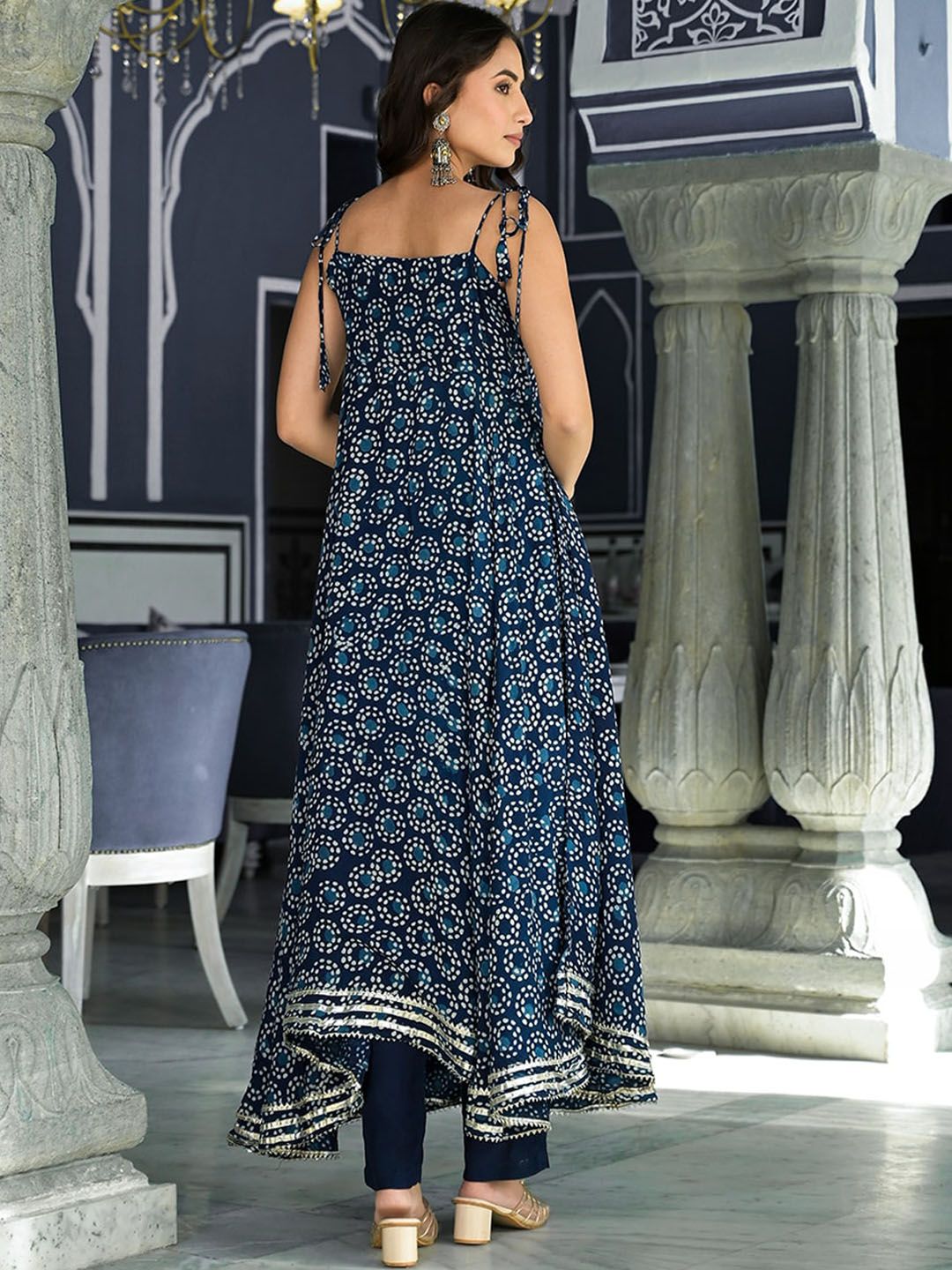 Dhiyona KL Ethnic Motifs Printed Shoulder Straps Anarkali Kurta & Trousers With Dupatta
