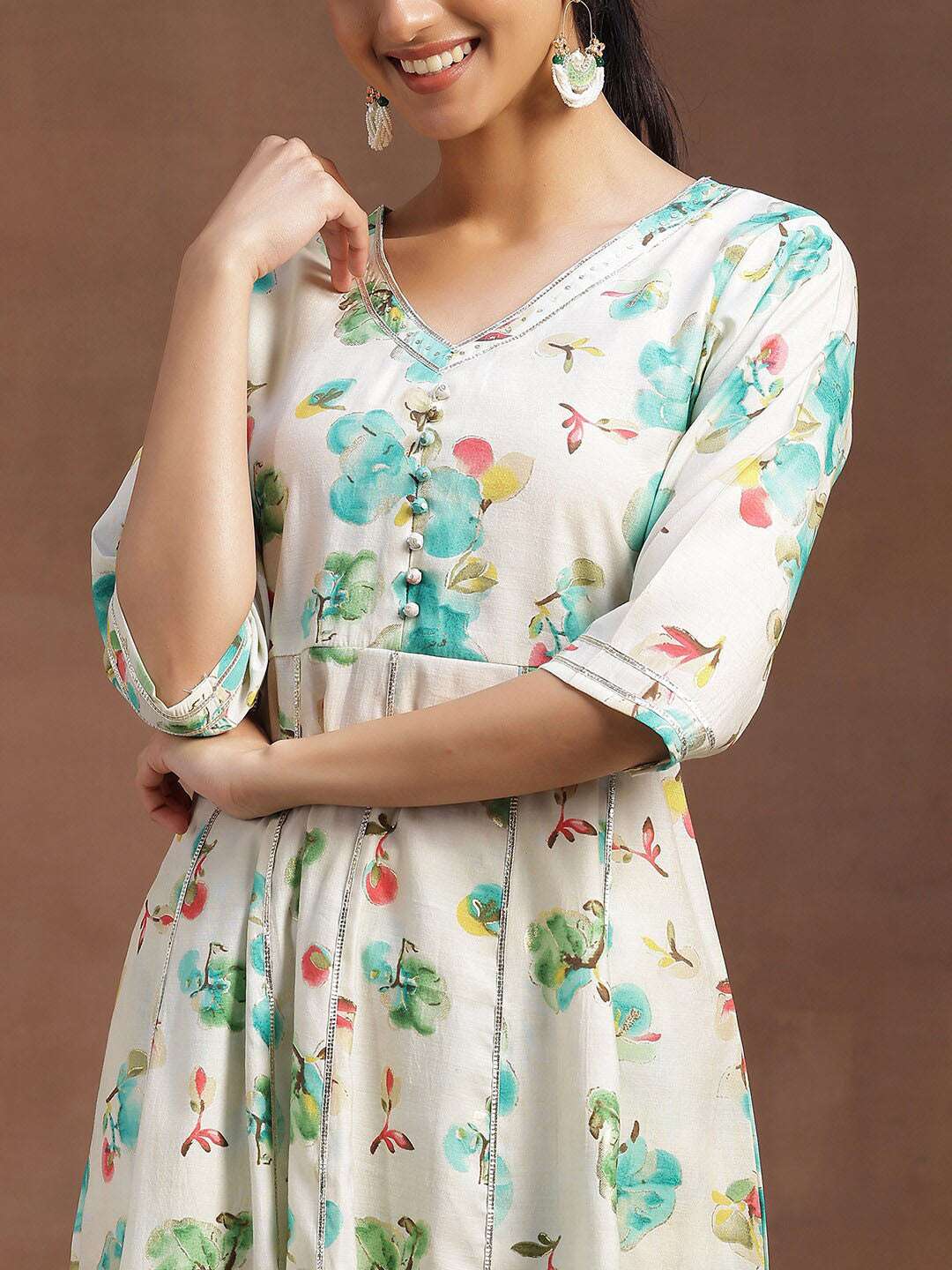Womens Off White Printed Anarkali Kurta With Trousers