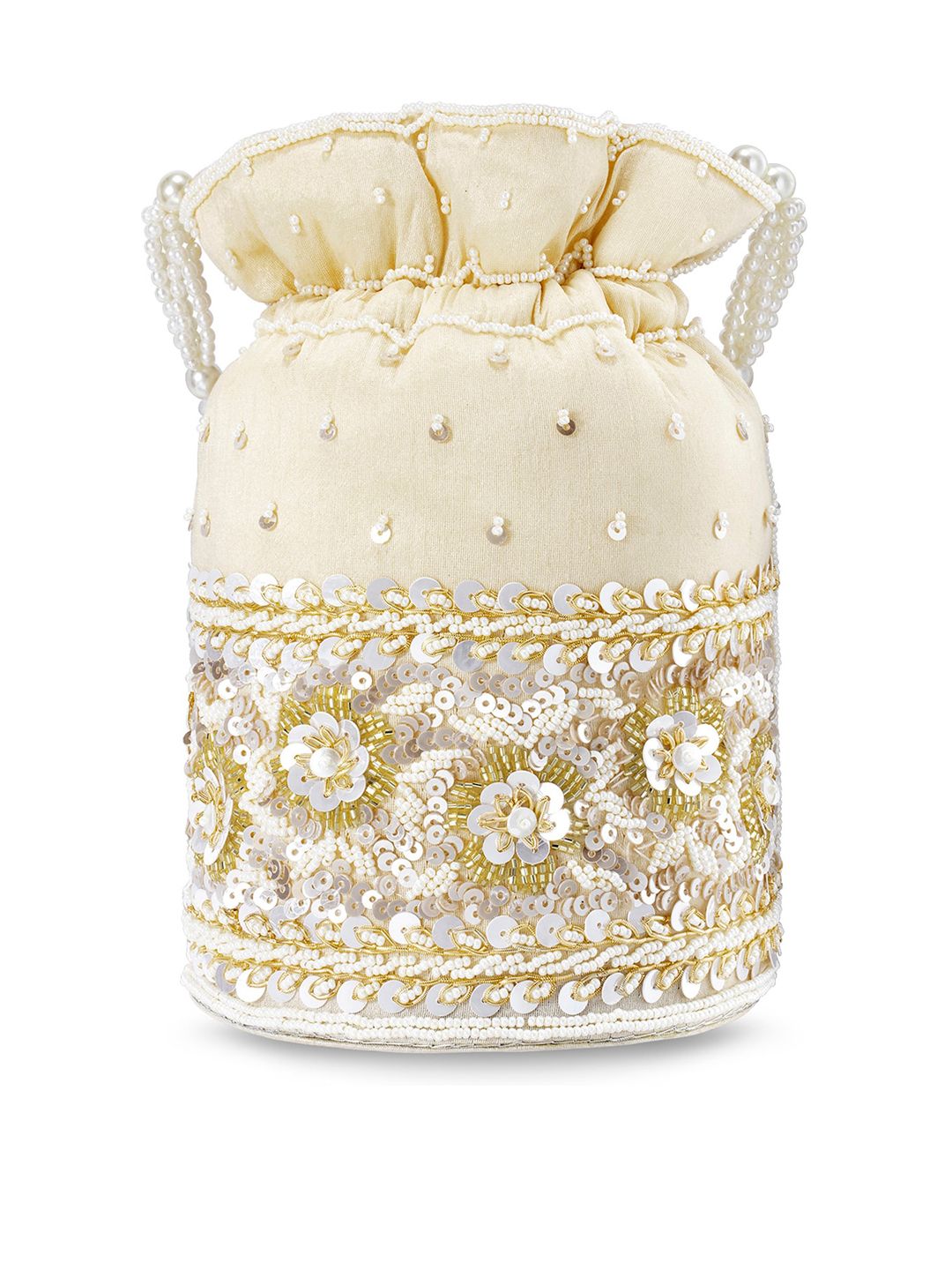 Dhiyona NR Gold-Toned & White Embroidered Potli Clutch
