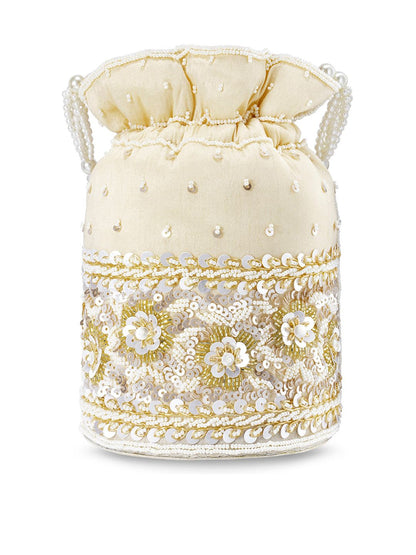 Dhiyona NR Gold-Toned & White Embroidered Potli Clutch