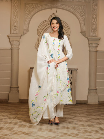Dhiyona IS Women's Floral Embroidered Pure Cotton A-Line Kurta With Trouser & Dupatta