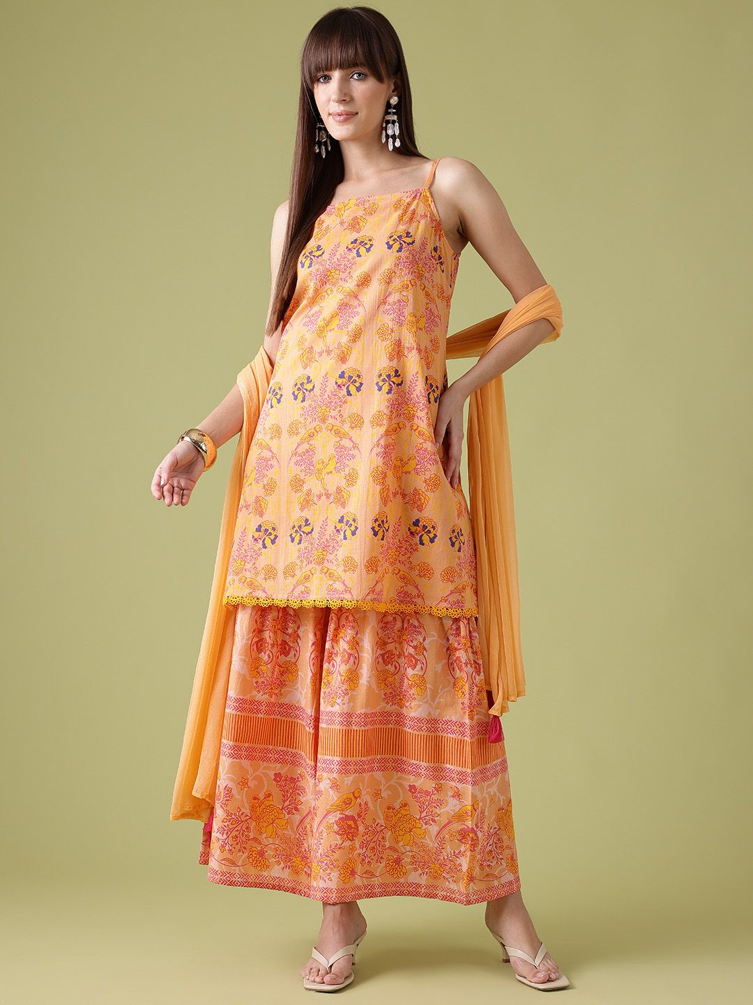 Dhiyona AN Ethnic Motifs Printed Lace Inserts Kurta with Sharara & With Dupatta