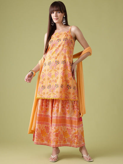 Dhiyona AN Ethnic Motifs Printed Lace Inserts Kurta with Sharara & With Dupatta