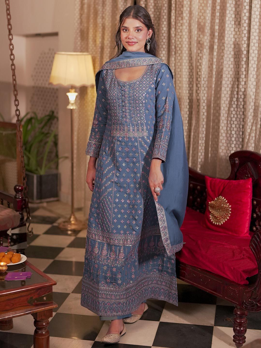 Dhiyona LL Ethnic Motifs Embroidered Sequinned Anarkali Kurta With Palazzos & Dupatta