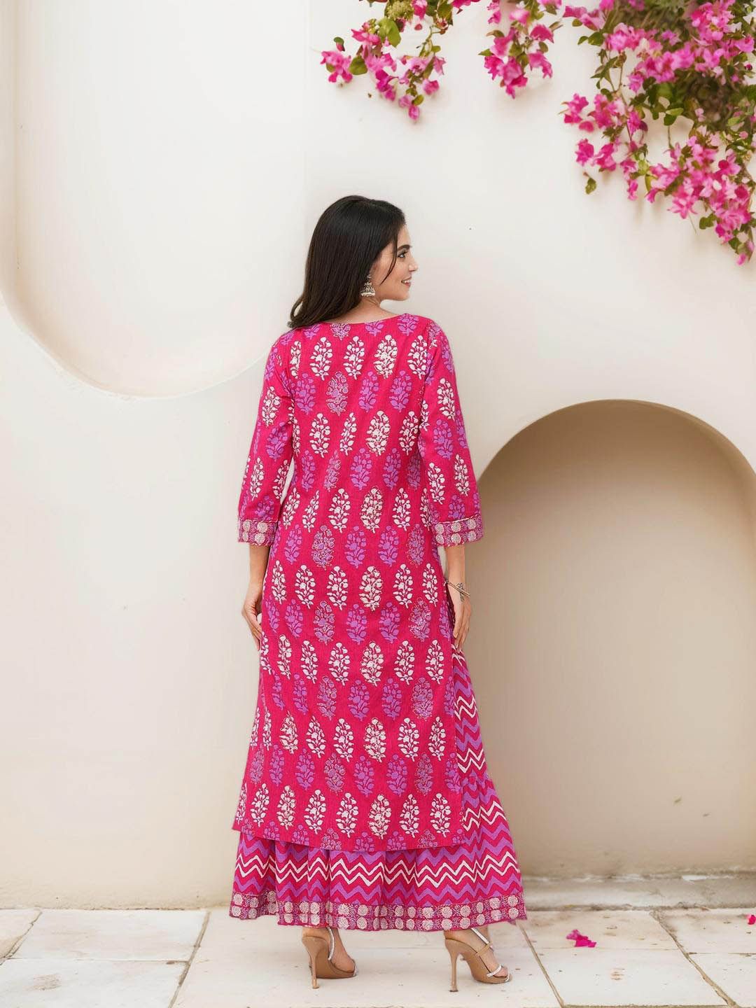 Dhiyona IS Women's Ethnic Motifs Printed Thread Work Pure Cotton Straight Kurta With Skirt