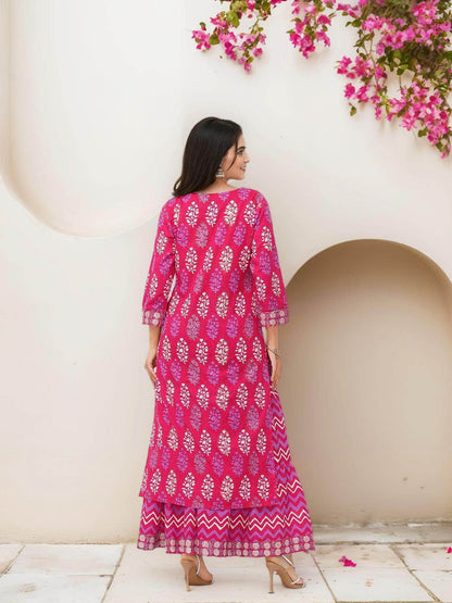 Dhiyona IS Women's Ethnic Motifs Printed Thread Work Pure Cotton Straight Kurta With Skirt