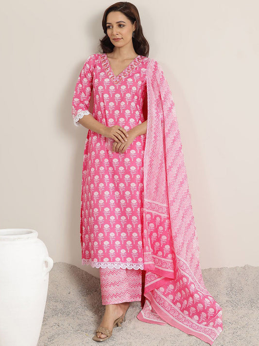 Pink Floral Printed V-Neck Sequinned Straight Kurta With Trousers & Dupatta