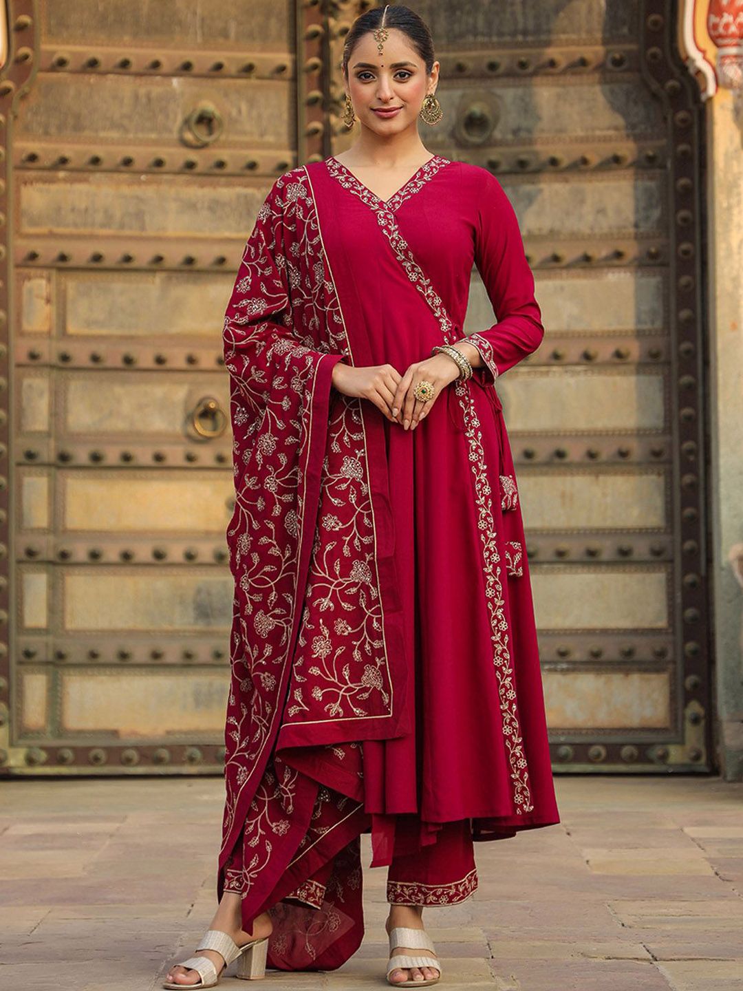Dhiyona KL Anarkali Angrakha Thread Work Kurta with Palazzos & Dupatta