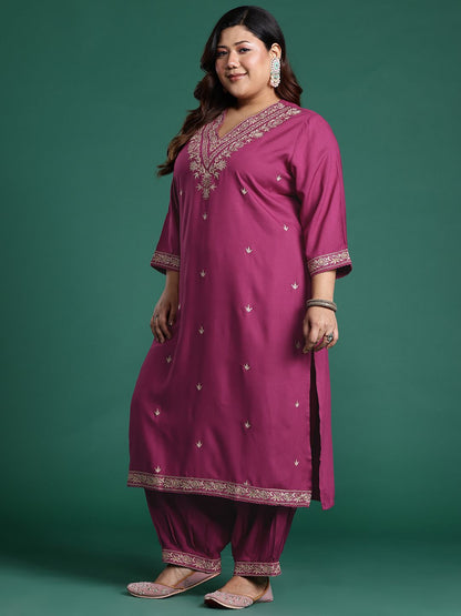Dhiyona Women's Plus Size Floral Zari Embroidered Kurta with Salwar & With Dupatta