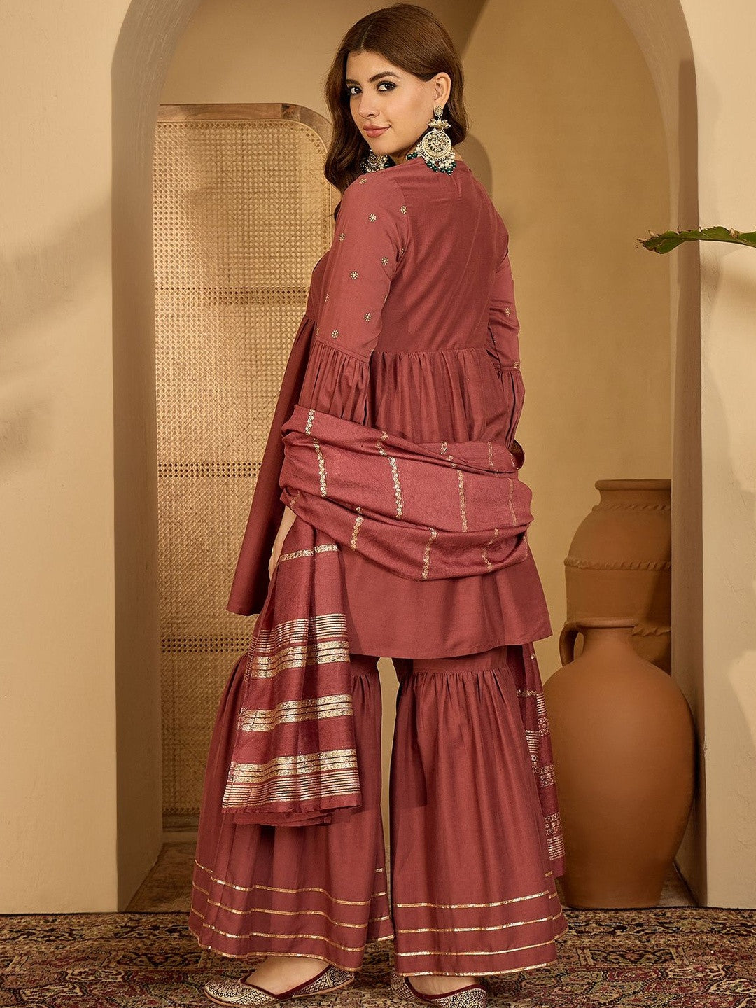 Women Maroon Embroidered Kurta Sets With Dupatta