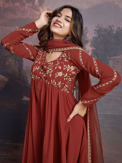 Dhiyona HOP Floral Embroidered Sequinned Georgette Kurta With Sharara & Dupatta