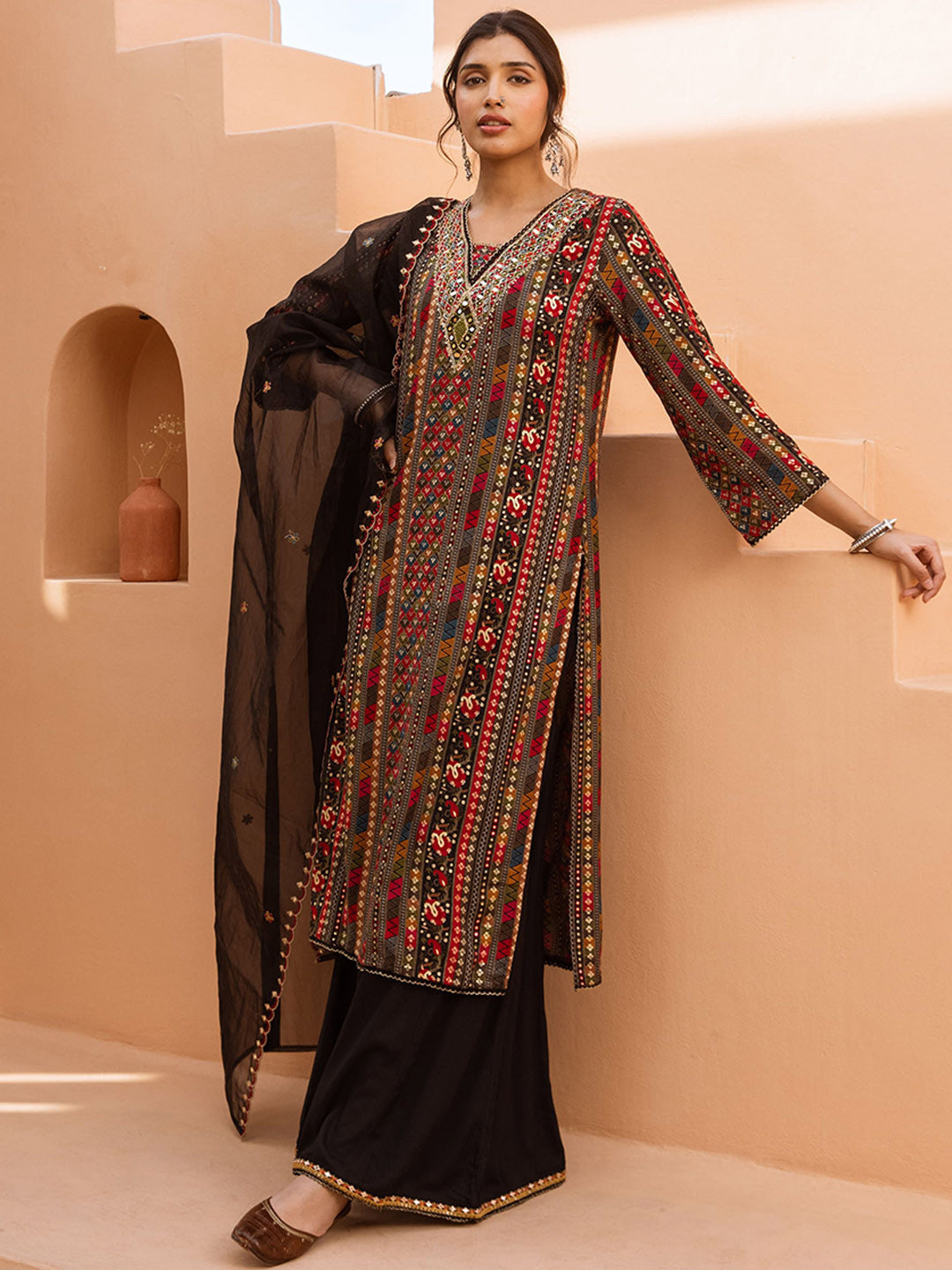 Ethnic Motifs Embroidered V-Neck Straight Kurta With Palazzos And Dupatta